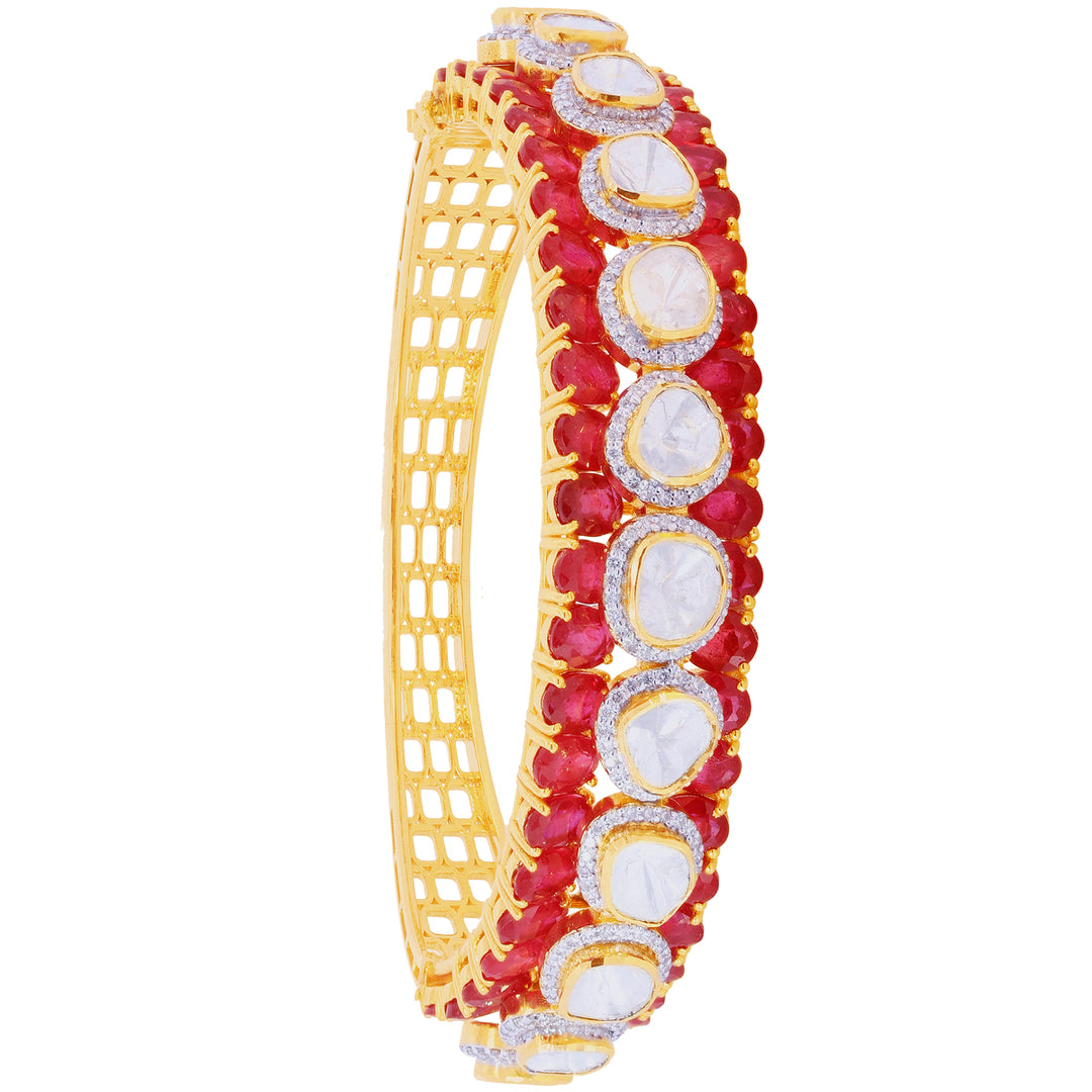 3.4CTW Rose Cut Diamond Bangle Bracelet With Ruby in 14K Gold