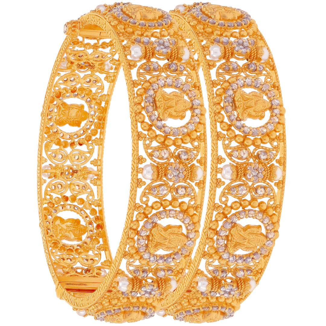 10.17Ct Rose Cut Diamond Set Of 2Pcs Bangles With Pearl in 22K Gold