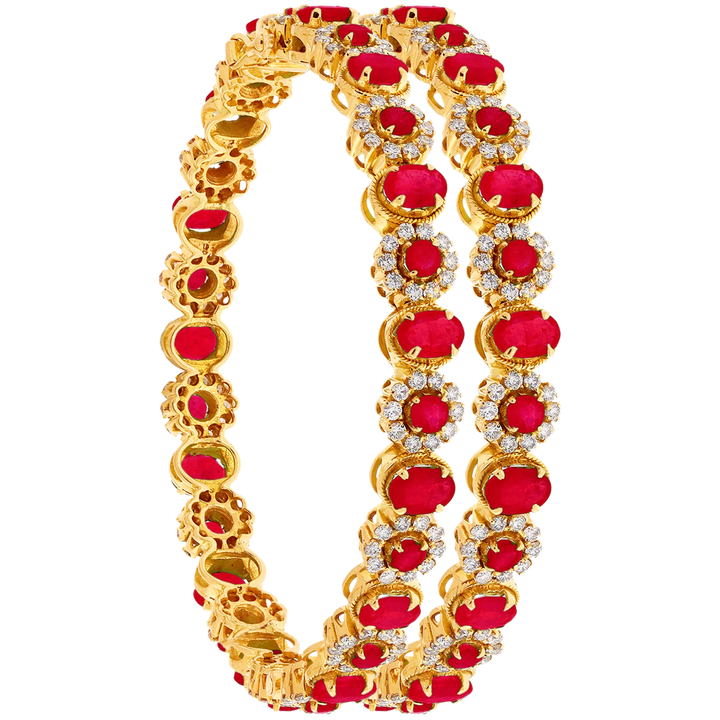 6.72Ct VS/GH Diamond Set Of 2pcs Bangles with Ruby in 18K Gold