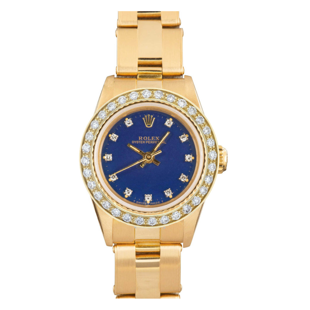 Oyster Perpetual 26 Custom Blue Diamond Dial with Custom Diamond Bezel Yellow Gold Oyster Bracelet