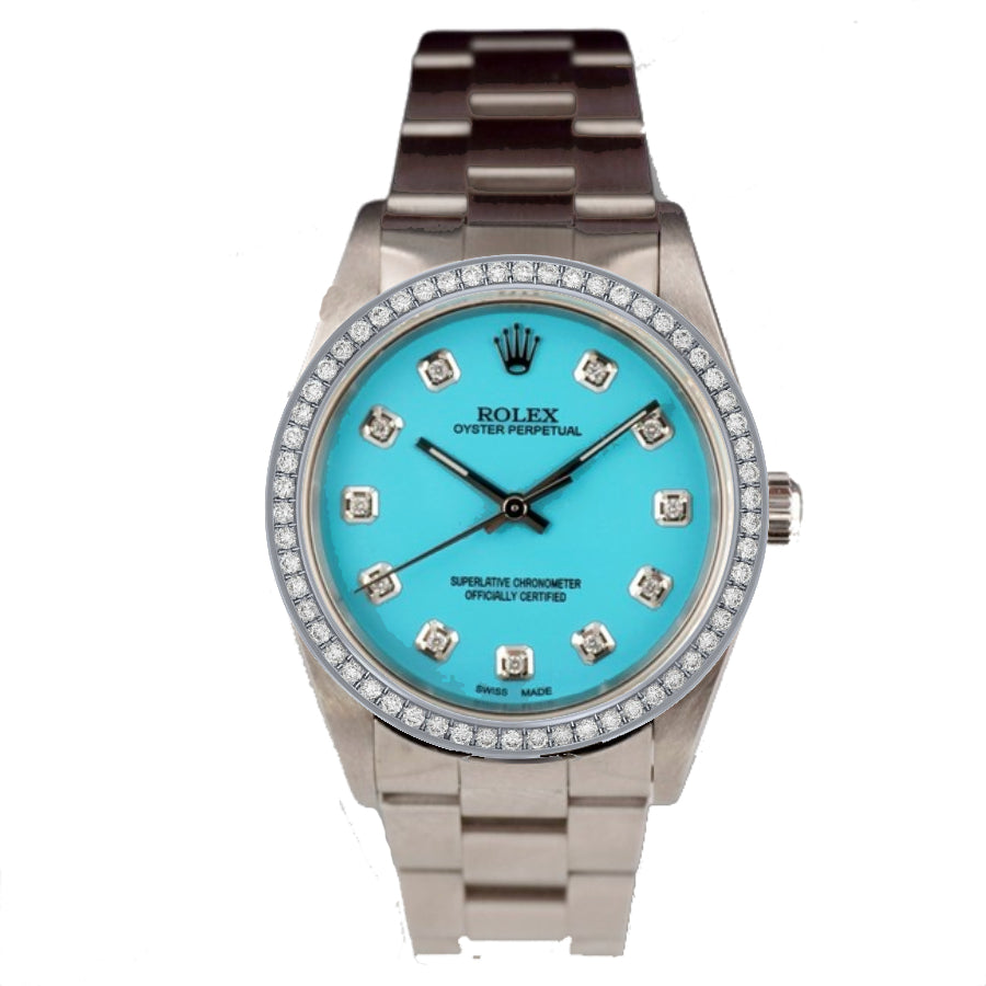 Oyster Perpetual 34 Custom Light Blue Diamond Dial & Custom Diamond Bezel Oyster Bracelet Stainless Steel