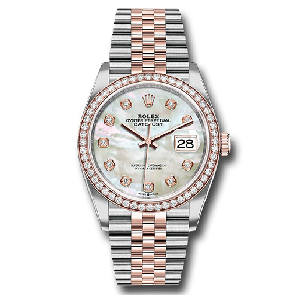 Datejust 36 New Style Custom Mother of Pearl Diamond Dial & Custom Diamond Bezel 18-Karat Rose Gold and Stainless Steel Jubilee Bracelet