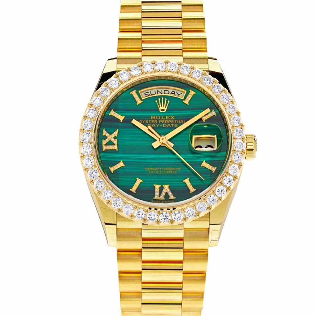 Day Date 36 Custom Green Malachite Diamond Dial w/Custom 2-Carat VVS/FG Diamond Bezel 18-Karat Gold Presidential Bracelet Automatic Watch