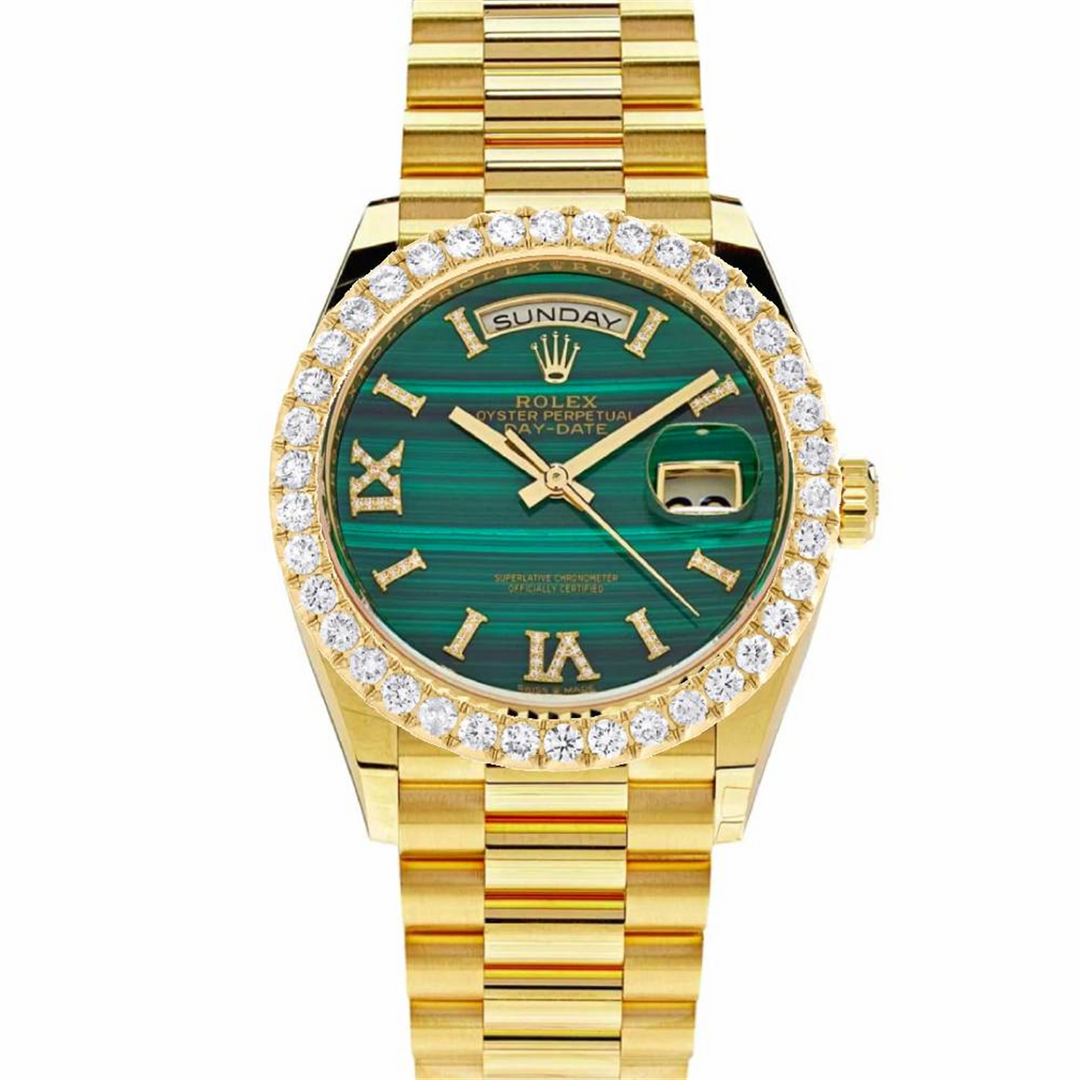 Day Date 36 Custom Green Malachite Diamond Dial w/Custom 2-Carat VVS/FG Diamond Bezel 18-Karat Gold Presidential Bracelet Automatic Watch