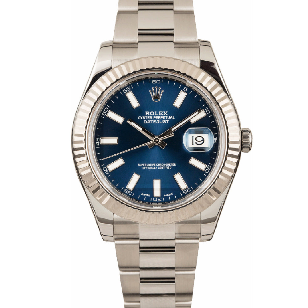 Datejust 41 Blue Stick Dial 18-Karat White Gold and Stainless Steel Oyster Bracelet