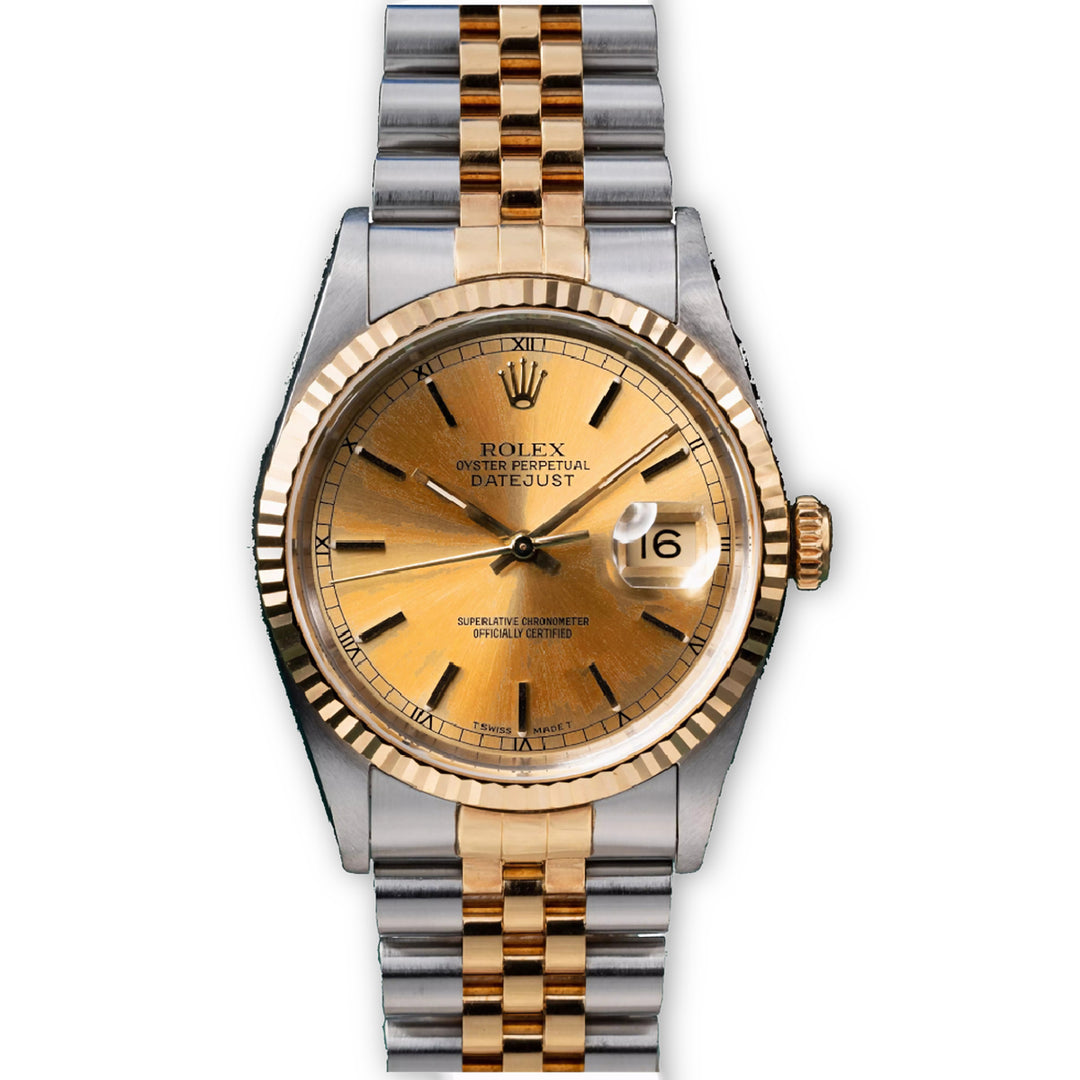 Datejust 36 Tropical Champagne Stick Dial with Fluted Bezel & Jubilee Bracelet in 18K Gold & Stainless Steel