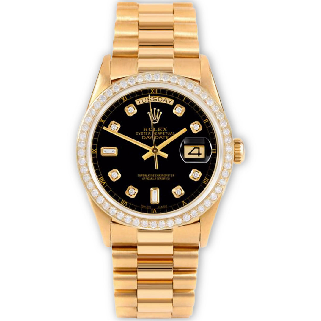 Rolex Day-Date 36 Custom Black Diamond Dial 8 Rounds + 2 Baguettes Dial with Diamond Bezel & Presidential Bracelet in 18K Gold