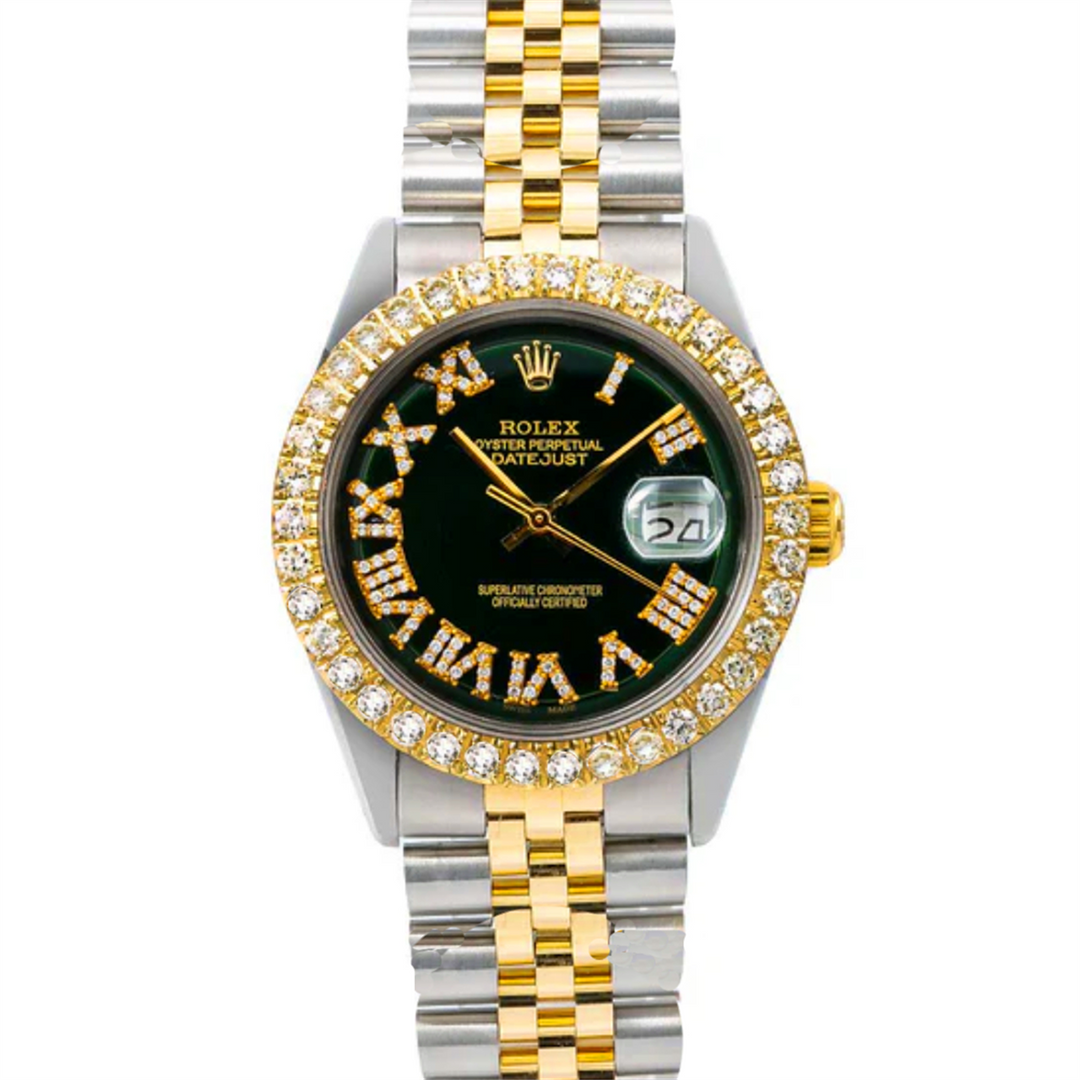 Datejust 36 Custom Black Roman Diamond Dial with Custom 3.50CT VVS/FG Diamond Bezel 18-Karat Gold and Stainless Steel Jubilee Bracelet