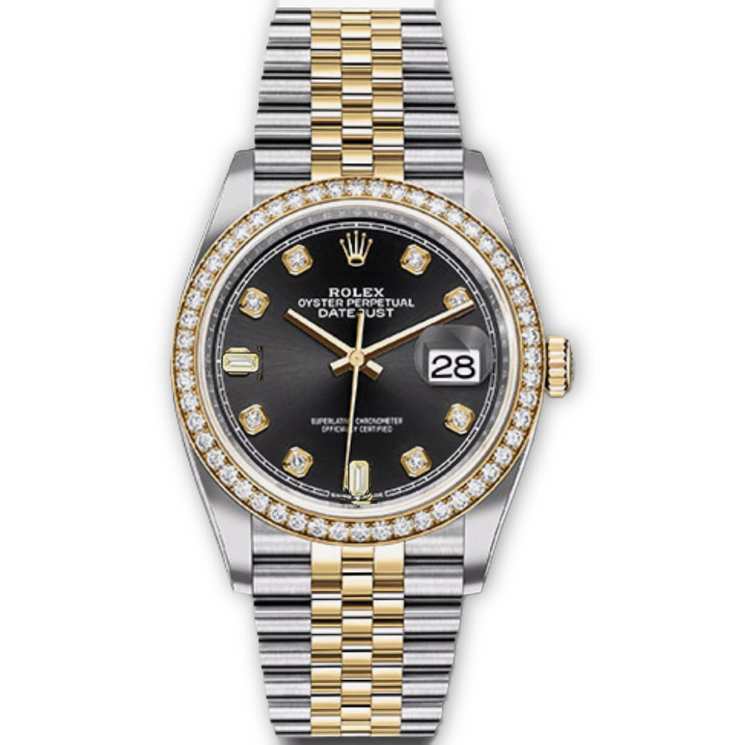Datejust 36 Custom Black Diamond Dial 8 Rounds + 2 Baguettes Dial with Diamond Bezel & Jubilee Bracelet in 18K Gold & Stainless Steel