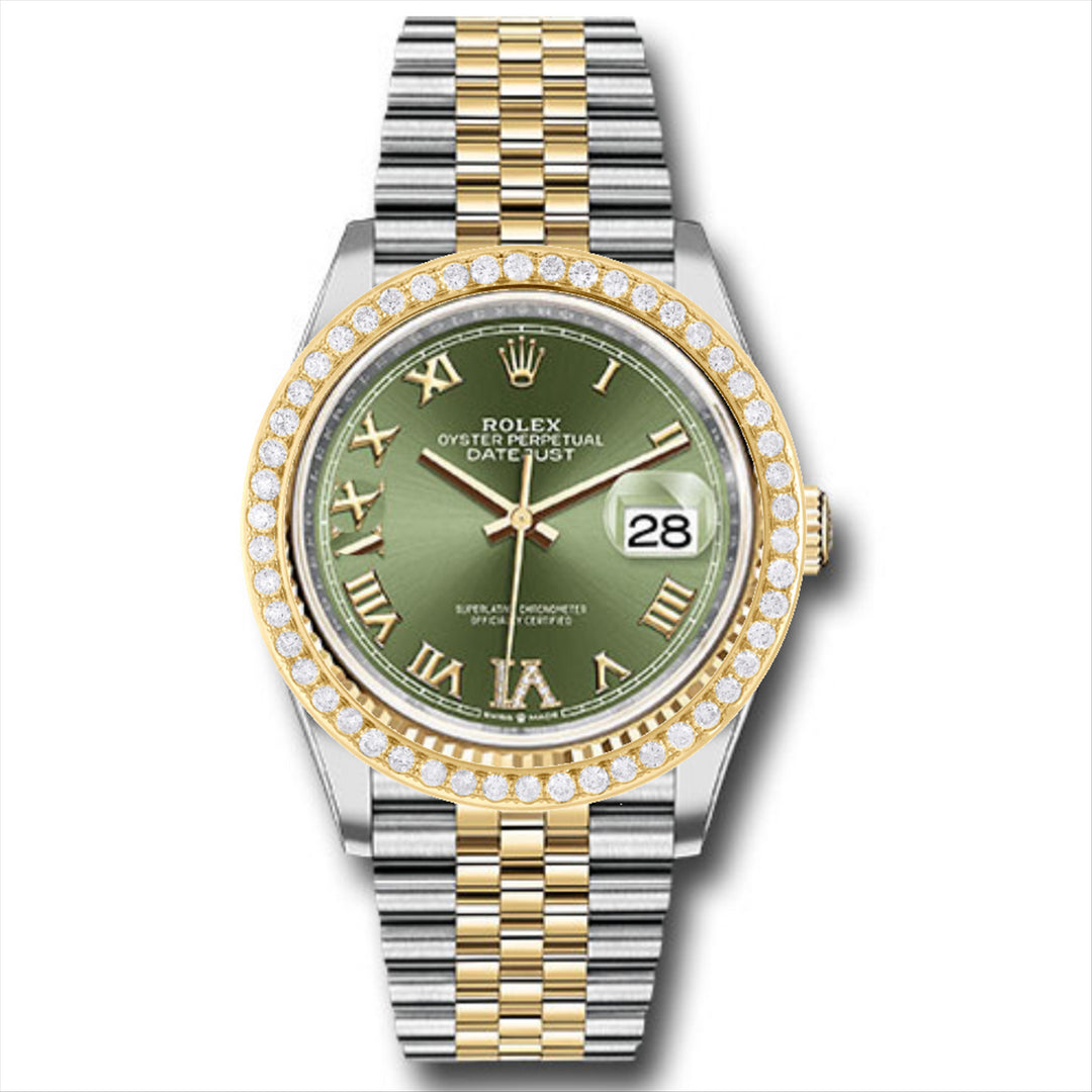 Datejust 36 Custom Olive Green Roman Diamond Dial with Custom 1.20CT VVS/FG Diamond Bezel 18-Karat Gold and Stainless Steel Jubilee Bracelet