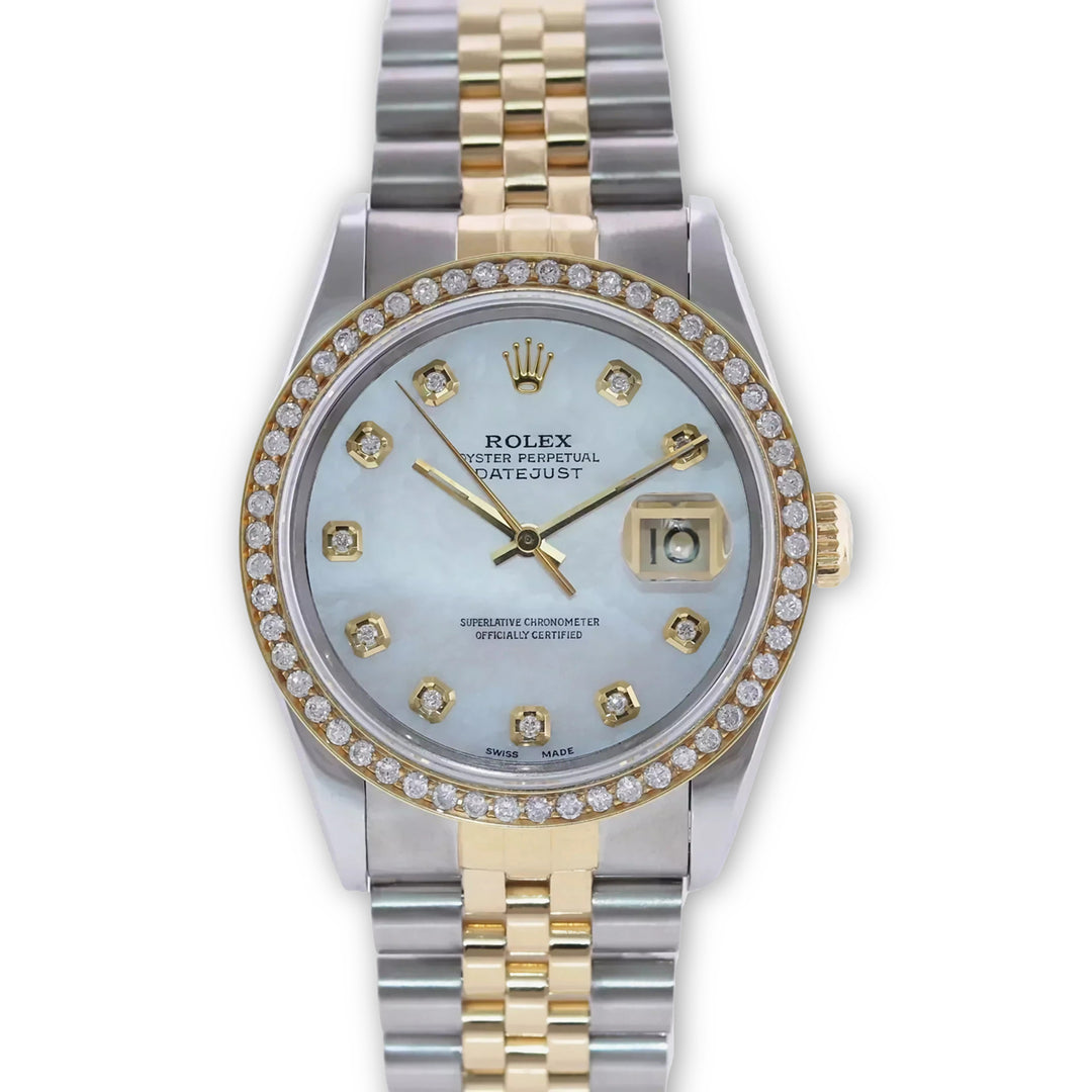 Datejust 36 Custom Sky Blue Mother of Pearl Diamond Dial with Diamond Bezel  Jubilee Bracelet in 18K Gold & Stainless Steel
