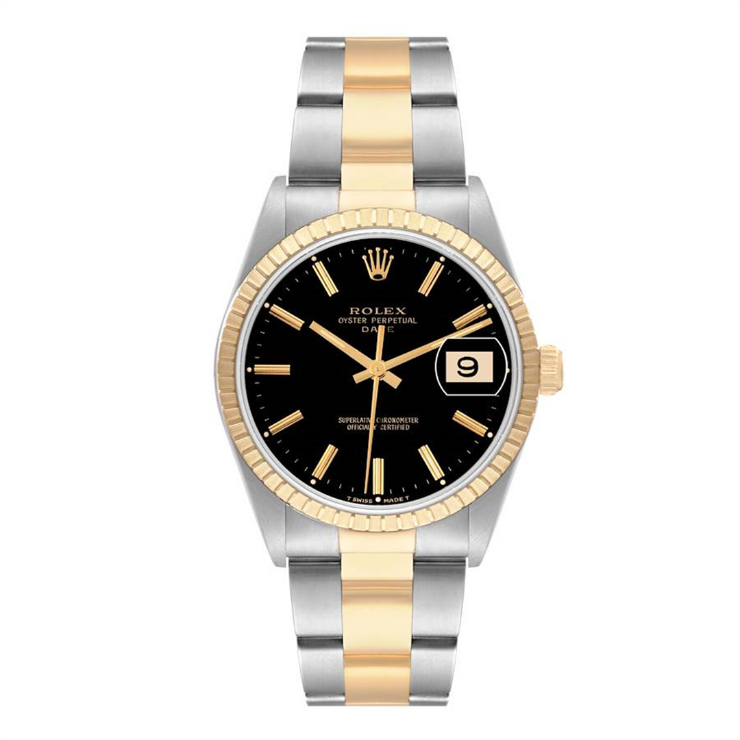 Rolex Date 34 Black Stick Dial 18-Karat Gold Fluted Bezel and Stainless Steel and Gold Oyster Bracelet