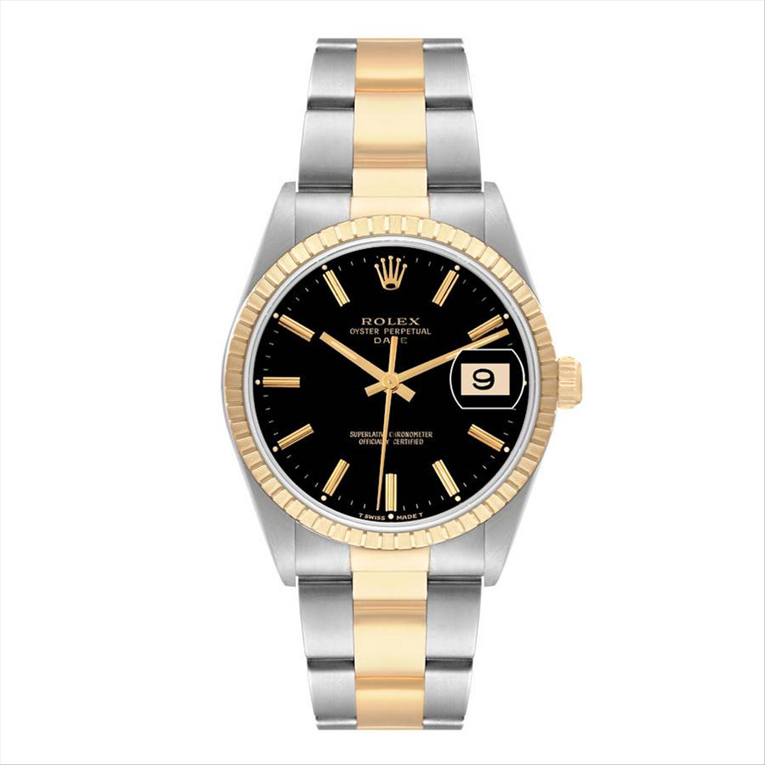 Rolex Date 34 Black Stick Dial 18-Karat Gold Fluted Bezel and Stainless Steel and Gold Oyster Bracelet