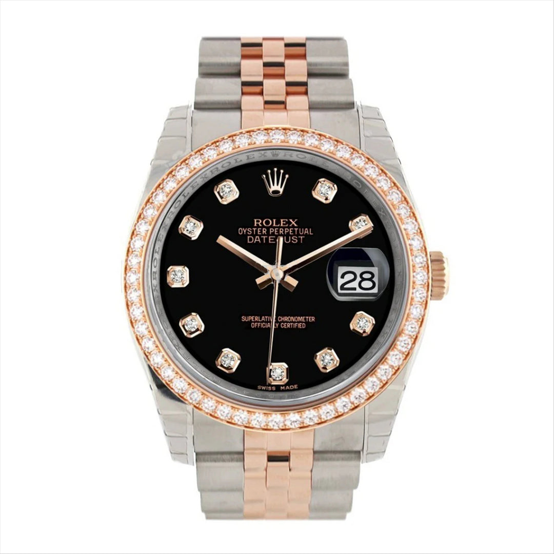 Datejust 36 Black Dial with Custom 1.20CT VVS/FG Diamond Bezel,  18-Karat Rose Gold and  Stainless Steel Jubilee Bracelet
