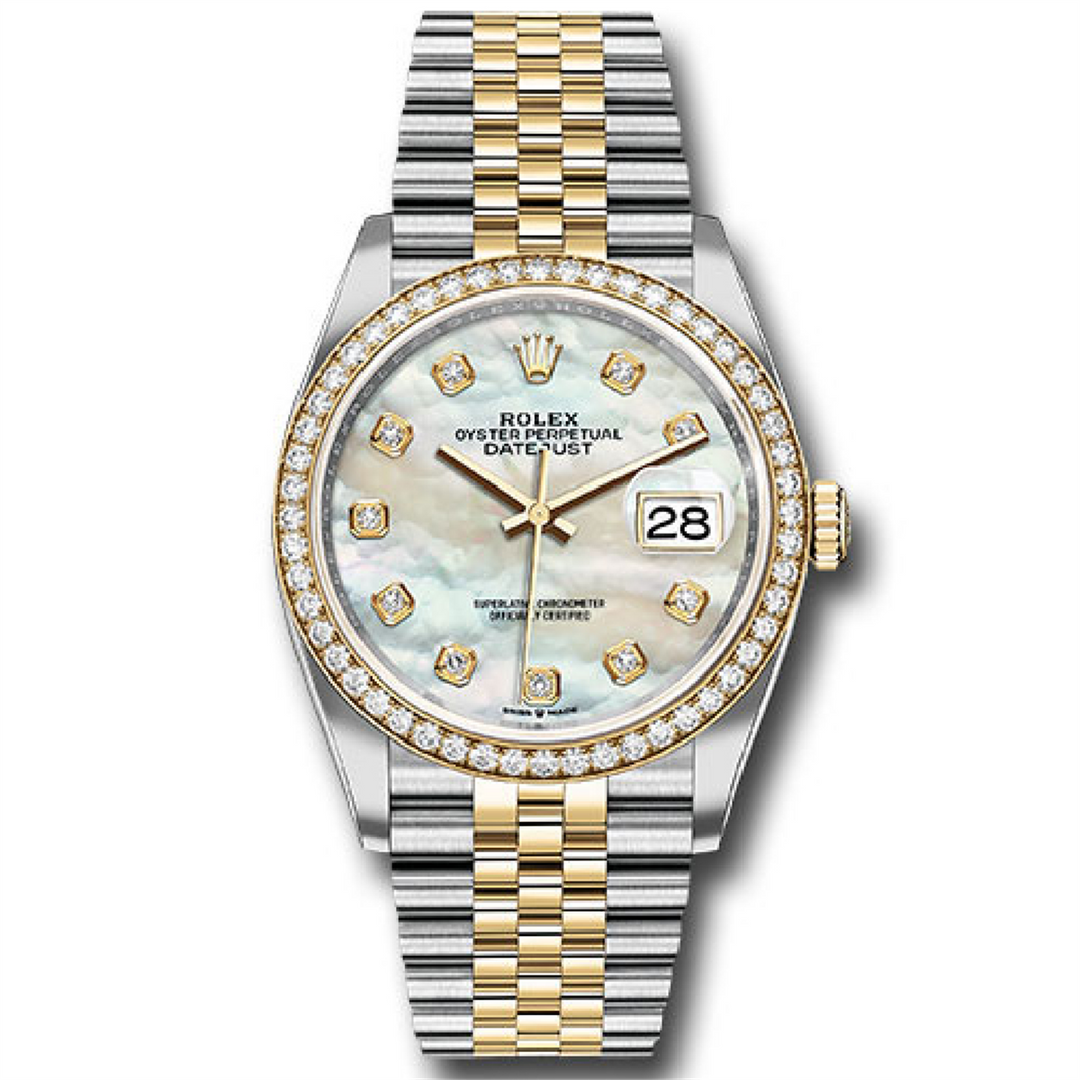 Datejust 36 New Style Custom Mother of Pearl Diamond Dial with Custom 1.30CT VVS/FG Diamond Bezel in 18-Karat Gold and Stainless Steel Jubilee Bracelet