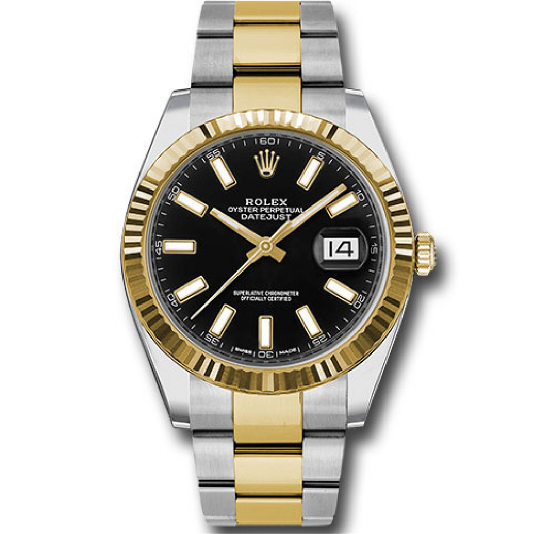 Datejust 41 Black Stick Dial 18-Karat Gold and Stainless Steel Oyster Bracelet