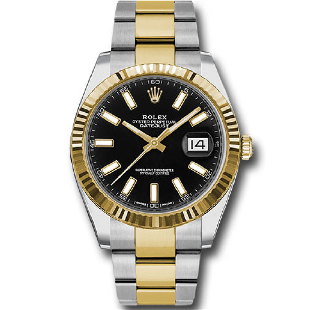 Datejust 41 Black Stick Dial 18-Karat Gold and Stainless Steel Oyster Bracelet