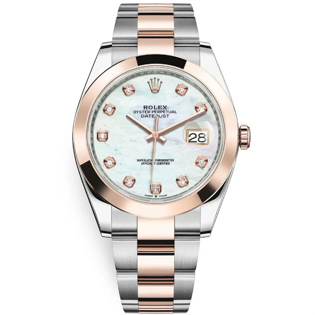Datejust 41 "Discontinued" Mother of Pearl Diamond Dial 18-Karat Rose Gold and Stainless Steel Oyster Bracelet Men's Automatic Watch.