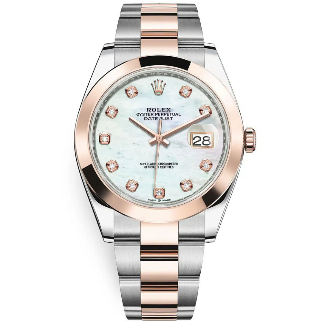 Datejust 41 "Discontinued" Mother of Pearl Diamond Dial 18-Karat Rose Gold and Stainless Steel Oyster Bracelet Men's Automatic Watch.