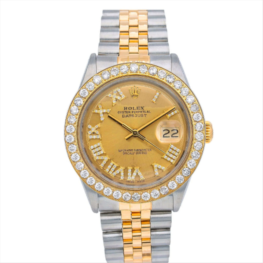 Datejust 36 Custom Champagne Roman Diamond Dial with Custom 4.50 Carat VVS/FG Diamond Bezel in 18-Karat Gold and Stainless Steel