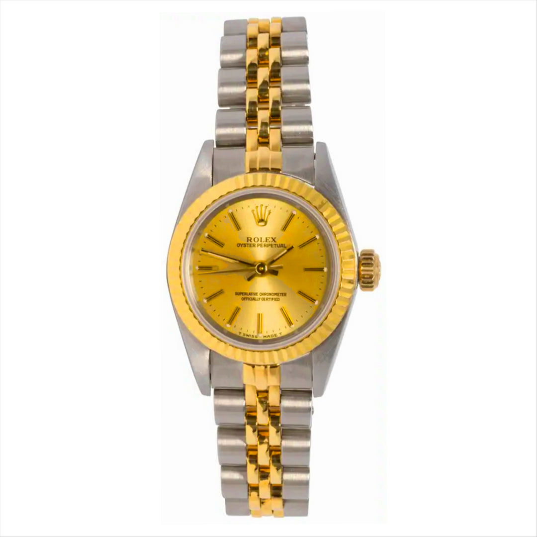 Oyster Perpetual 25 Tropical Champagne Dial with Engine Turn Bezel Jubilee Bracelet in 18-Karat Gold and  Stainless Steel