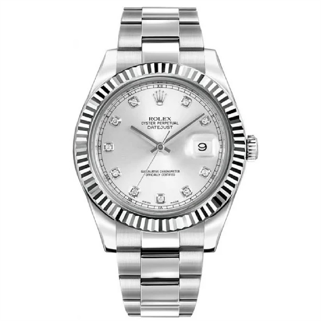 Datejust 41 Silver Diamond Dial 18-Karat White Gold Fluted Bezel Oyster Bracelet in Stainless Steel