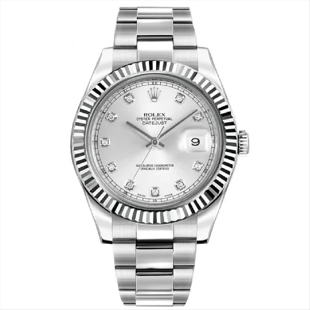 Datejust 41 Silver Diamond Dial 18-Karat White Gold Fluted Bezel Oyster Bracelet in Stainless Steel
