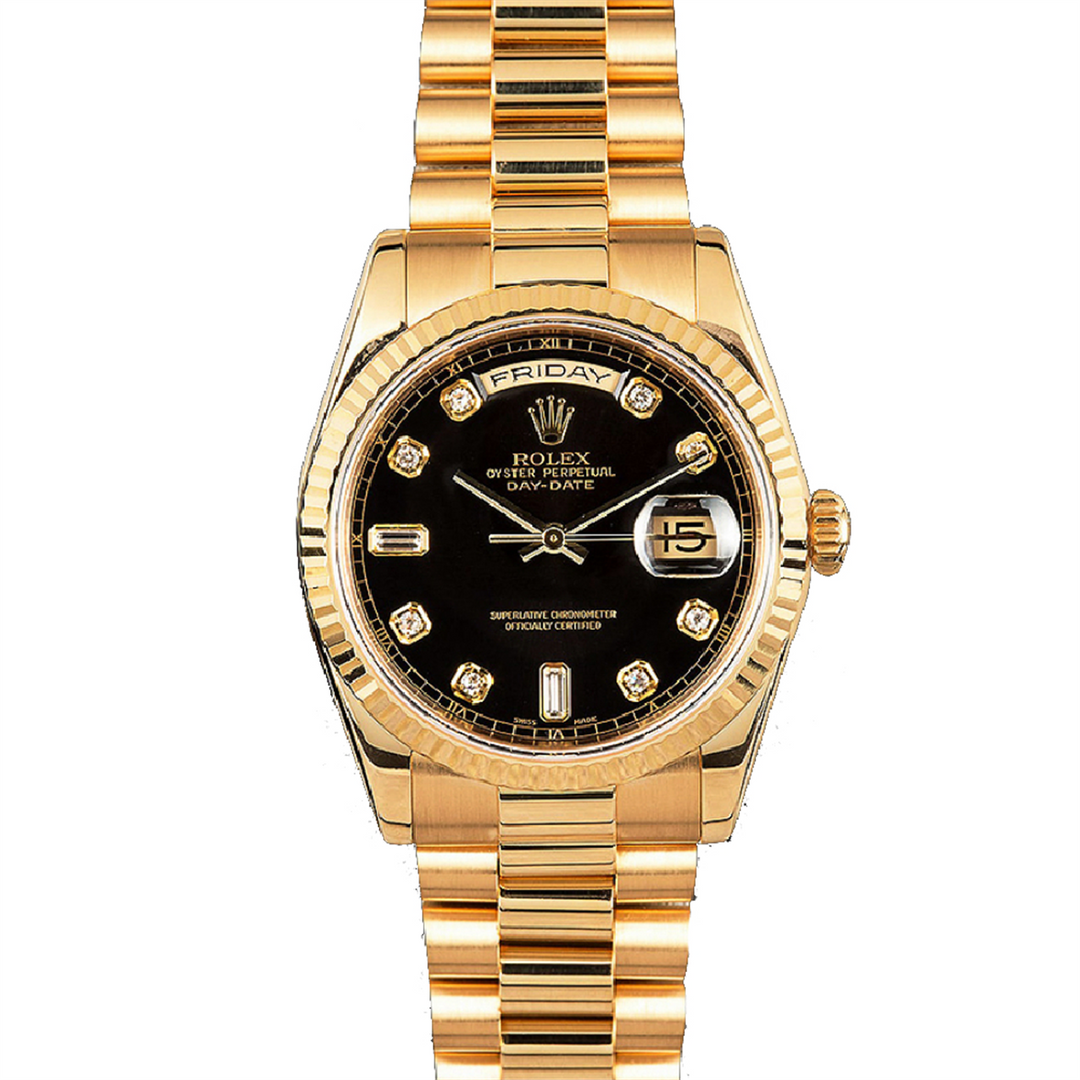 Day Date 36 Custom Green Malachite Diamond Dial w/Custom 2-Carat VVS/FG Diamond Bezel 18-Karat Gold Presidential Bracelet Automatic Watch