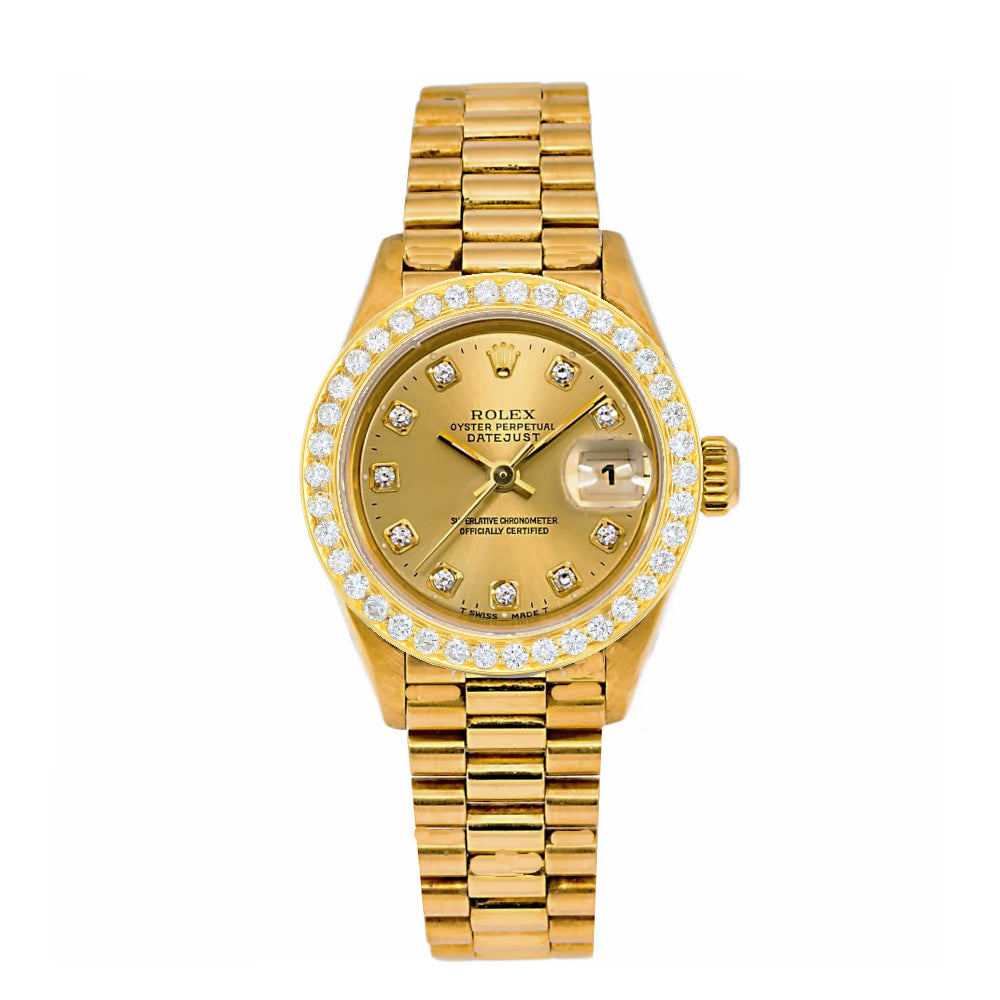 Datejust 26 Presidential Champagne Diamond Dial & Custom Diamond Bezel Full 18-Karat Gold