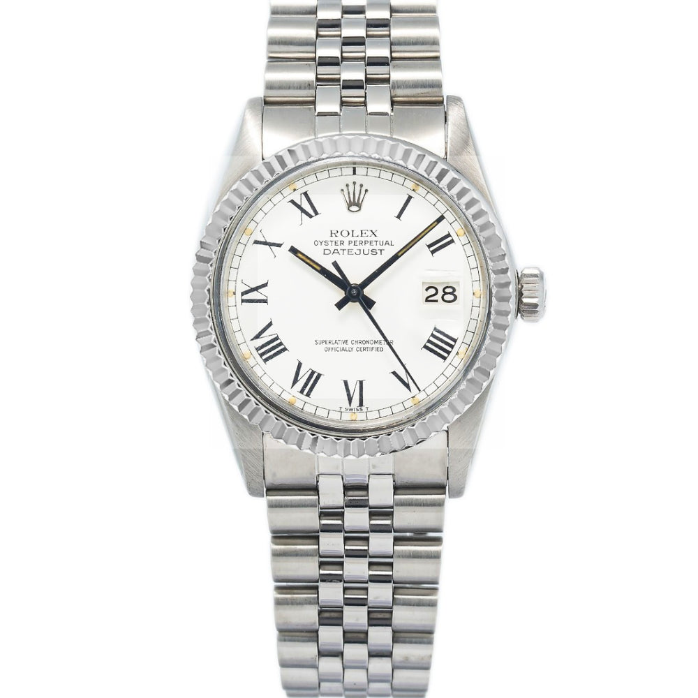 Datejust 36 Custom Buckley White Dial 18-Karat Gold Fluted Bezel and Stainless Steel Jubilee Bracelet