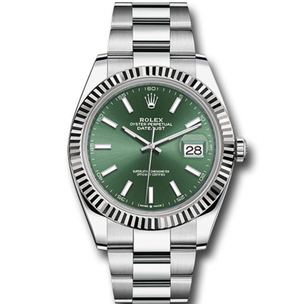 Datejust 41 Custom Green Stick Dial 18-Karat White Gold Fluted Bezel Oyster Bracelet in Stainless Steel